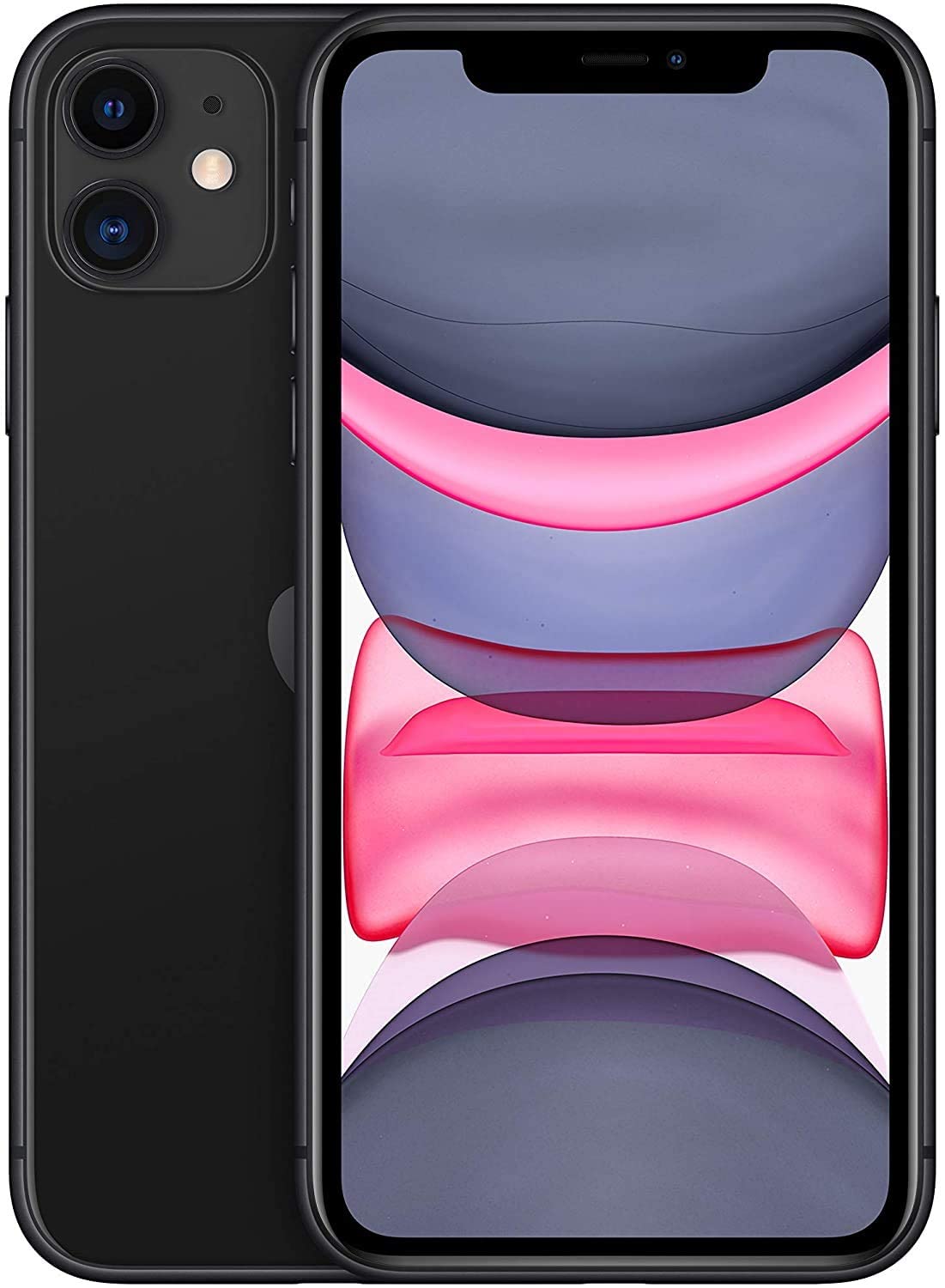 The Saisales Apple iPhone 11 128GB Unlocked features dual rear cameras, an advanced camera system, and a Retina display showing abstract pink and gray shapes. Color: Black.