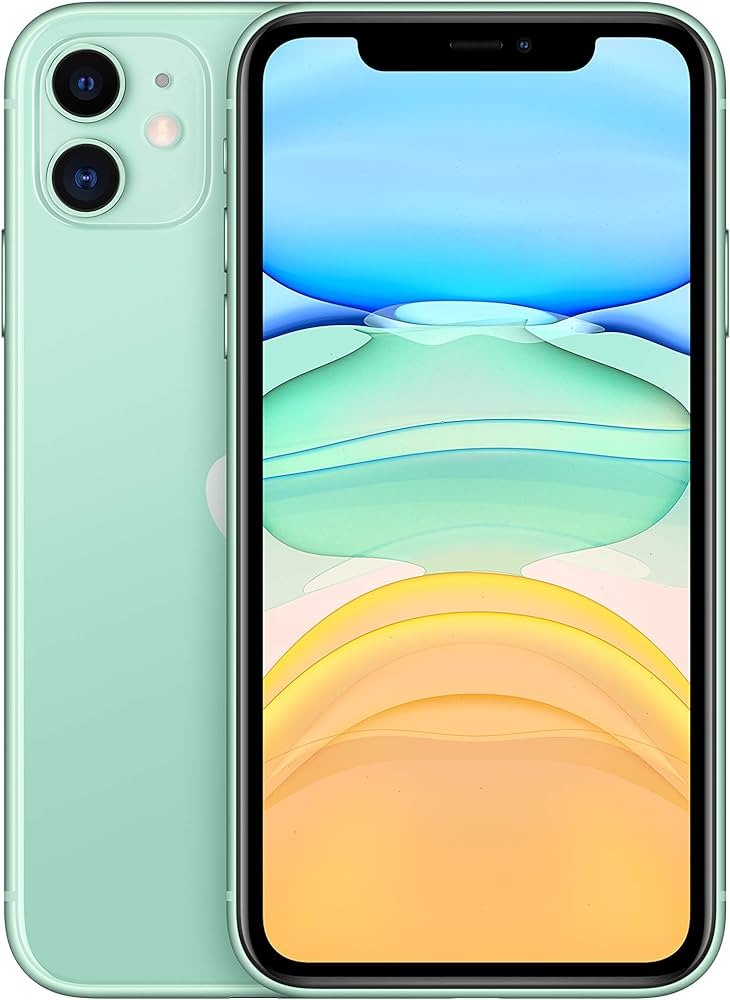 The Saisales Apple iPhone 11 128GB Unlocked is shown in mint green from the front and back, highlighting its advanced camera system and vibrant full-screen Retina display with abstract wallpaper.