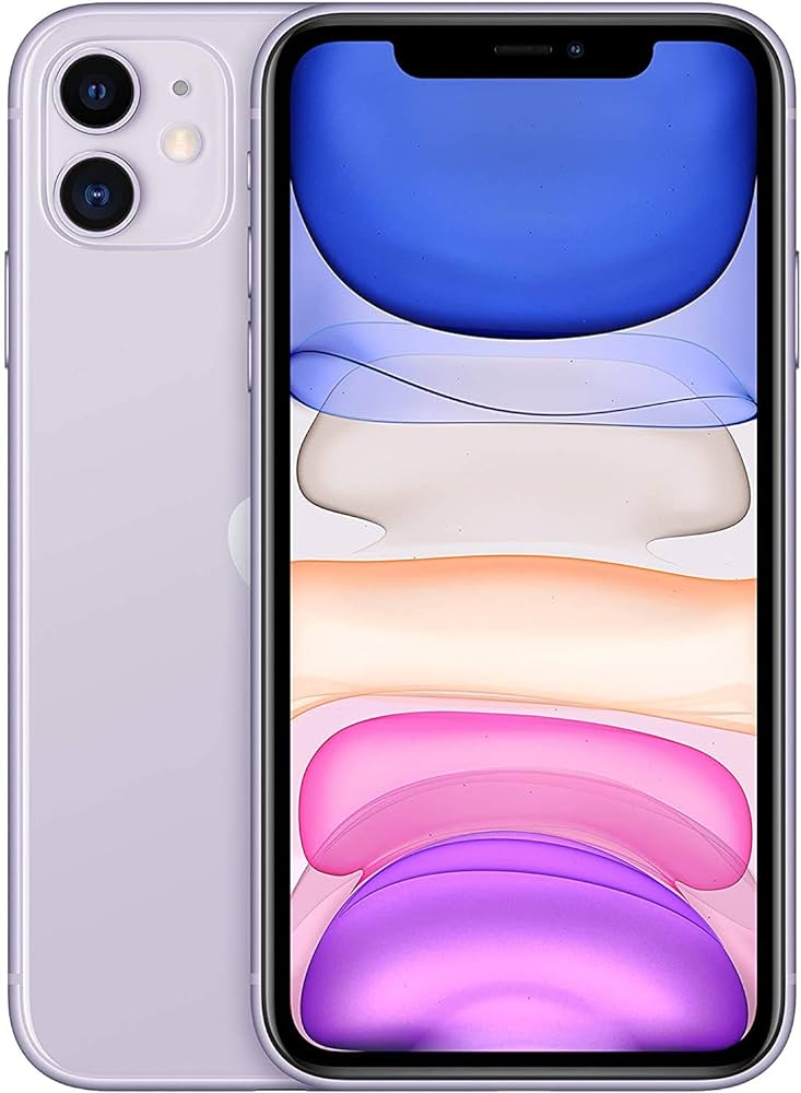 The Saisales Apple iPhone 11 128GB Unlocked in lavender features an advanced camera system and a Retina display with abstract colorful shapes.