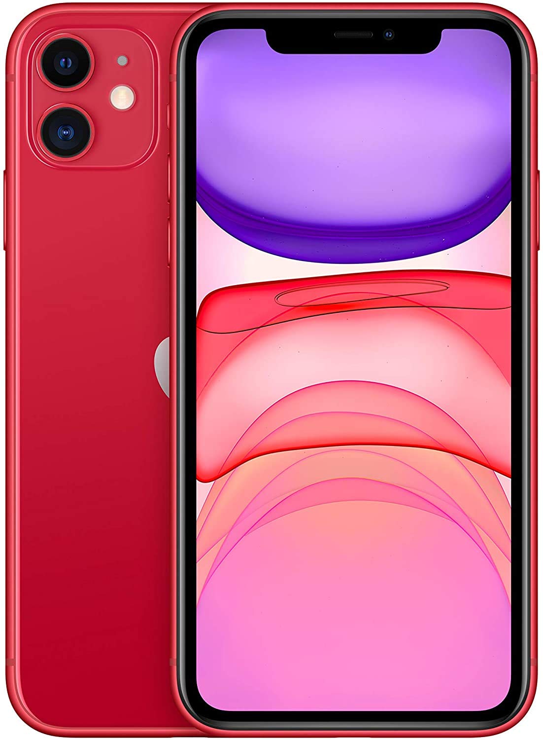 The Saisales Apple iPhone 11 128GB Unlocked is pictured front and back in red, highlighting its dual rear cameras and large Retina display with a vibrant abstract design on the screen.