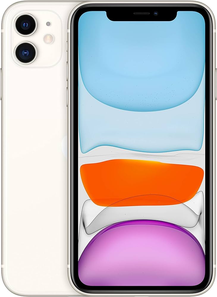 Front and back view of the Saisales Apple iPhone 11 128GB Unlocked, featuring dual rear cameras, an advanced camera system, and a vibrant Retina display with a colorful abstract background.