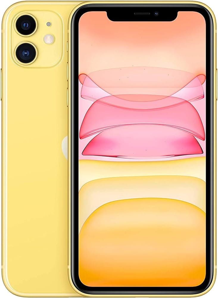 The Saisales Apple iPhone 11 128GB Unlocked in yellow features dual rear cameras, an advanced camera system, and a Retina display with a vibrant abstract background in pink, yellow, and orange.
