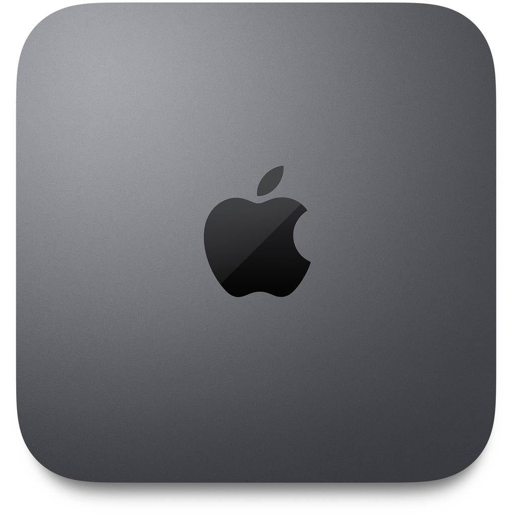 Top view of a brand new Saisales Apple Mac Mini (2018) Core i3 3.6 GHz with 8GB RAM and 256GB SSD storage in space gray, featuring the Apple logo in the center.