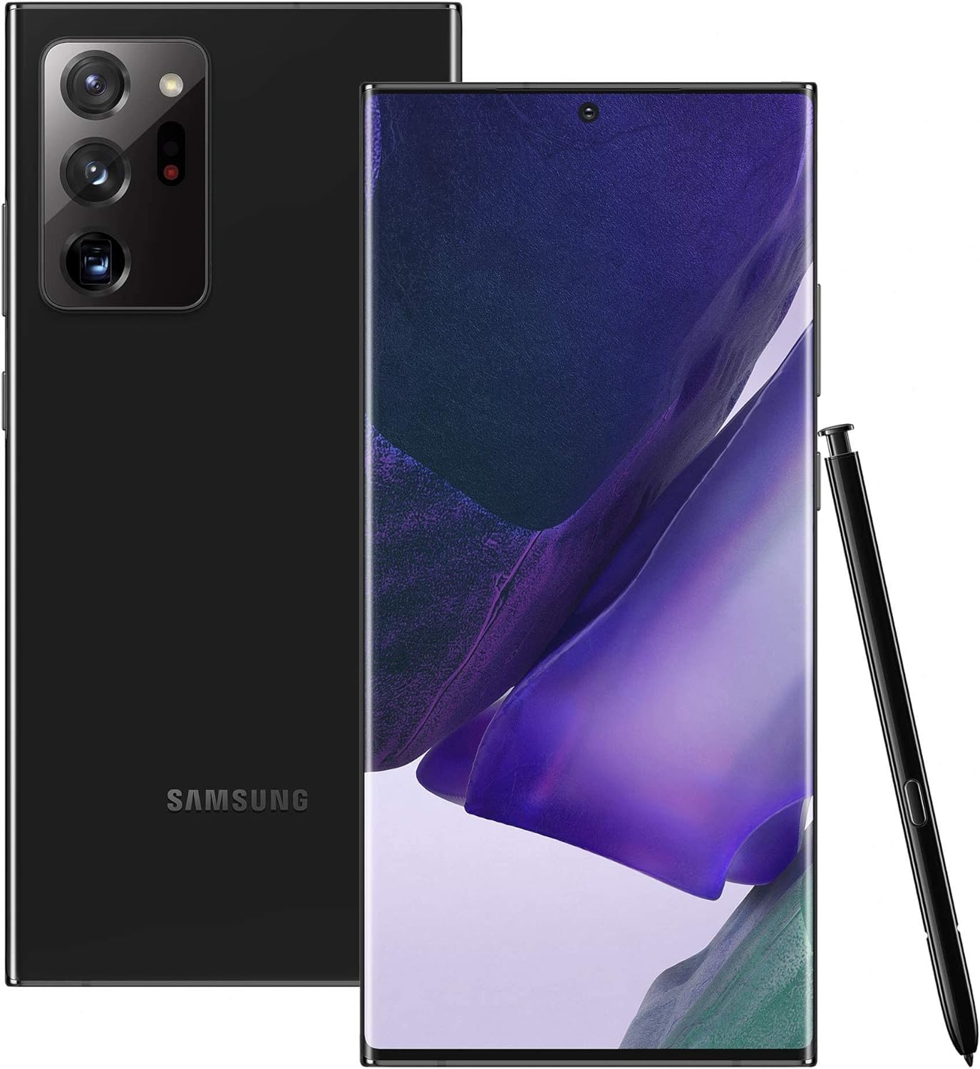 Front and back view of a black Samsung Galaxy Note20 Ultra 5G 256GB with a stylus pen, featuring a large screen with a purple and blue abstract wallpaper. Available through Saisales.co.uk.