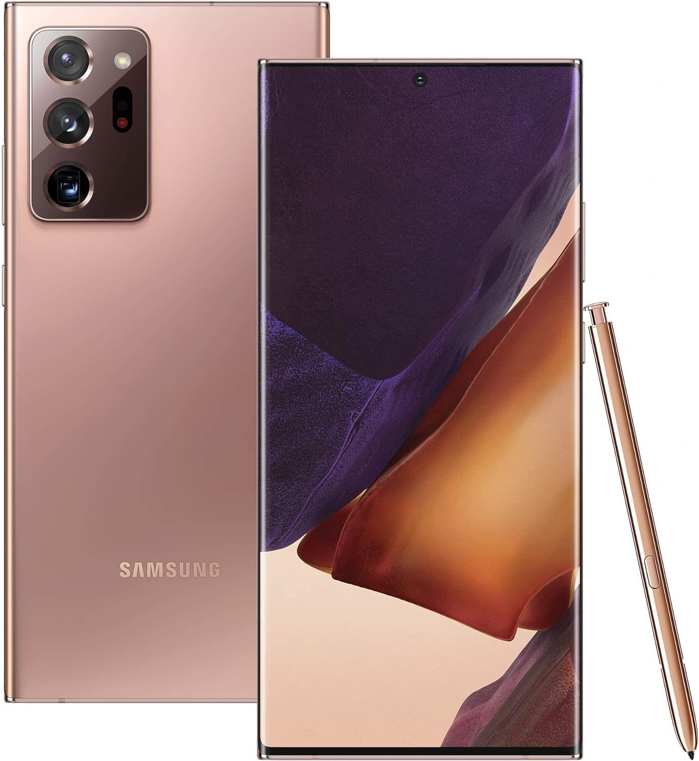 Discover the Samsung Galaxy Note20 Ultra 5G 256GB, available at Saisales, boasting a stunning bronze finish. This smartphone features a triple camera setup on the back, a large screen displaying colorful graphics on the front, and comes with a matching stylus pen. Enjoy 256GB of storage for all your needs.