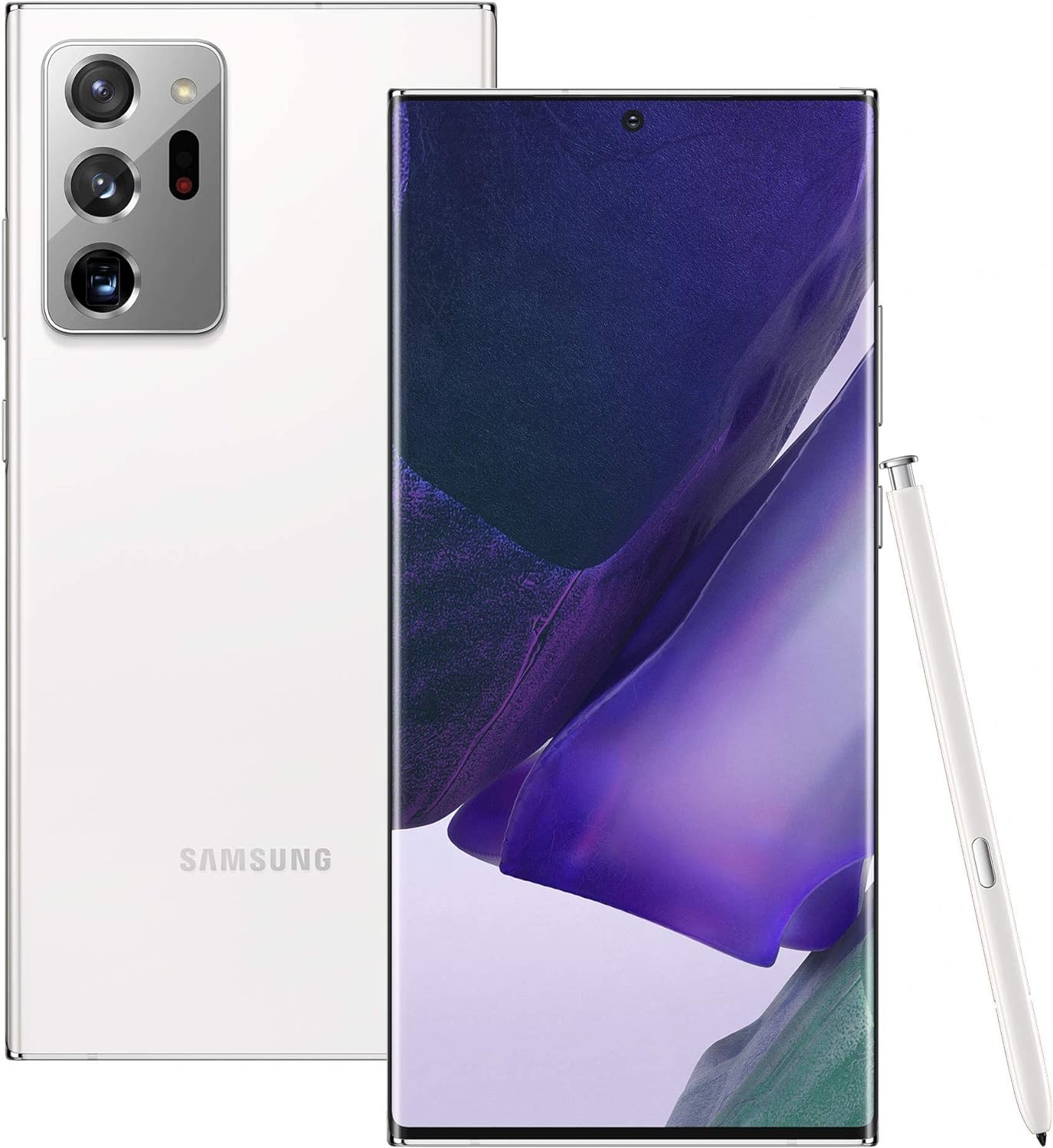 Front and back view of a white Samsung Galaxy Note20 Ultra 5G 256GB with a stylus. The phone, available at Saisales.co.uk, features a multi-camera setup on the back and an edge-to-edge display on the front. Enjoy 256GB of storage for all your needs.