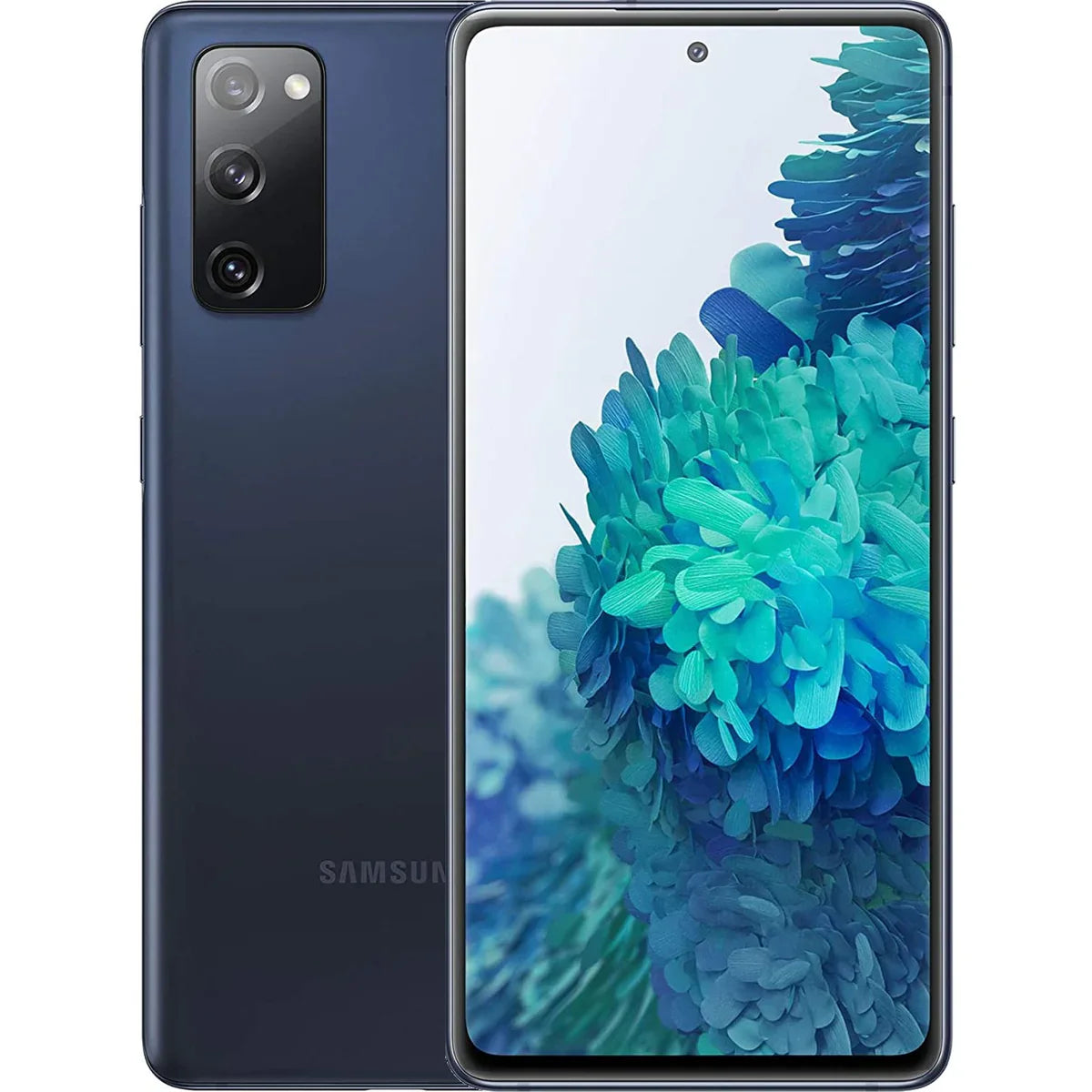 A black Saisales Samsung Galaxy S20 FE 5G 128GB - Dual SIM - Unlocked smartphone is shown from the front and back. The front display features a colorful, floral-like design wallpaper. The back showcases a triple-camera setup and a flash, with 128GB of storage on board.