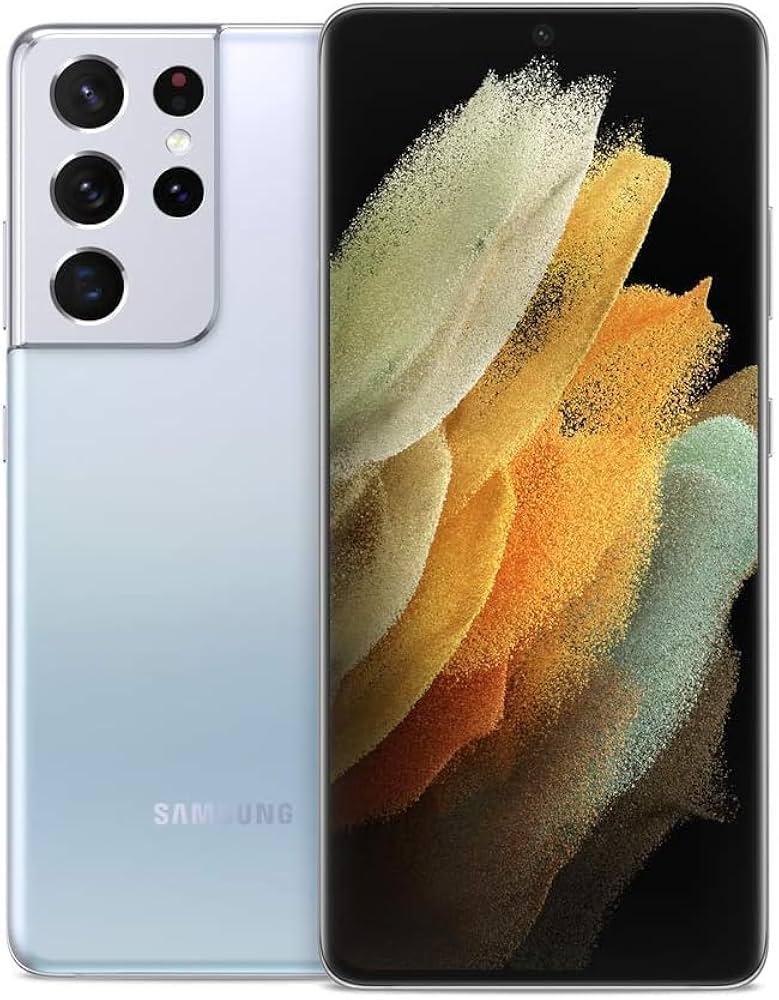 The Saisales Samsung Galaxy S21 Ultra 5G 128GB smartphone is showcased with its front view displaying the Dynamic AMOLED 2X Display on the right and its rear view featuring the Quad-Camera System and gradient design on the left.