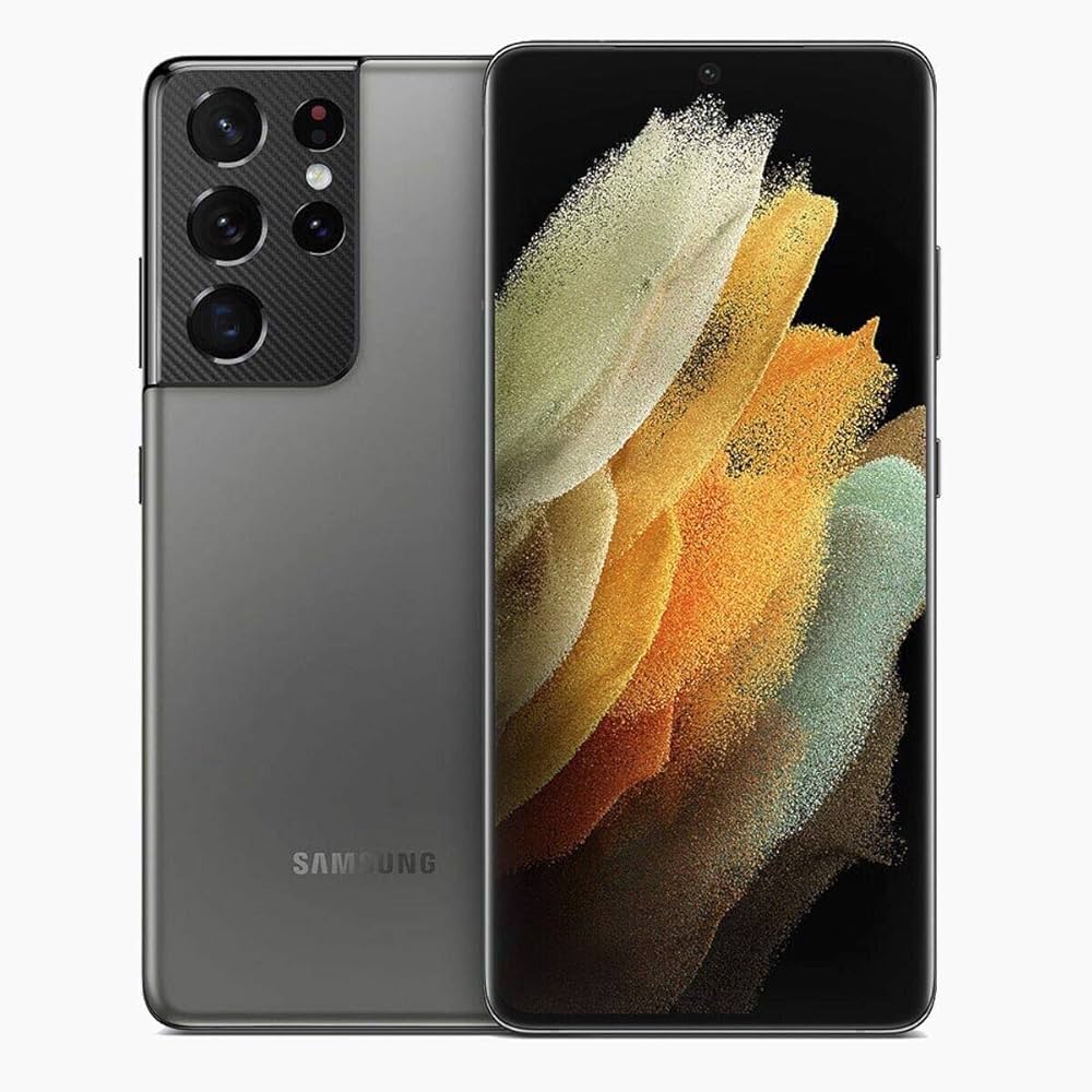 A Samsung Galaxy S21 Ultra 5G 128GB smartphone by Saisales, featuring a quad-camera system on the back and a captivating colorful abstract image on its Dynamic AMOLED 2X display, viewed from both front and back.