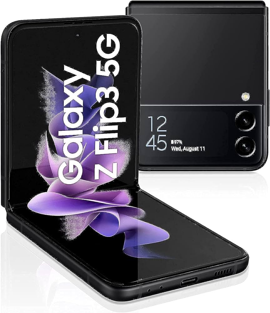 Two Saisales Samsung Galaxy Z Flip3 5G 256GB Unlocked smartphones, each featuring a foldable display: one open to reveal a vibrant screen filled with art and text, the other closed to highlight the cover display showing time and date. Equipped with the Snapdragon 888 processor for smooth performance.