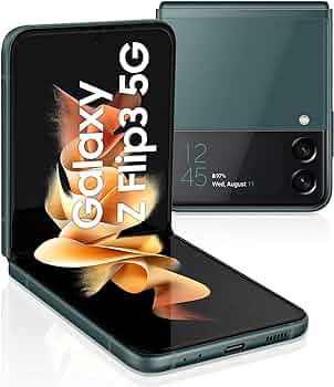 A green Samsung Galaxy Z Flip3 5G 256GB Unlocked (Single SIM), under the Saisales brand, is depicted partially open to display its foldable screen and dual rear cameras. Another angle features the closed phone's front screen showing the time and date, driven by the Snapdragon 888 processor for smooth performance.