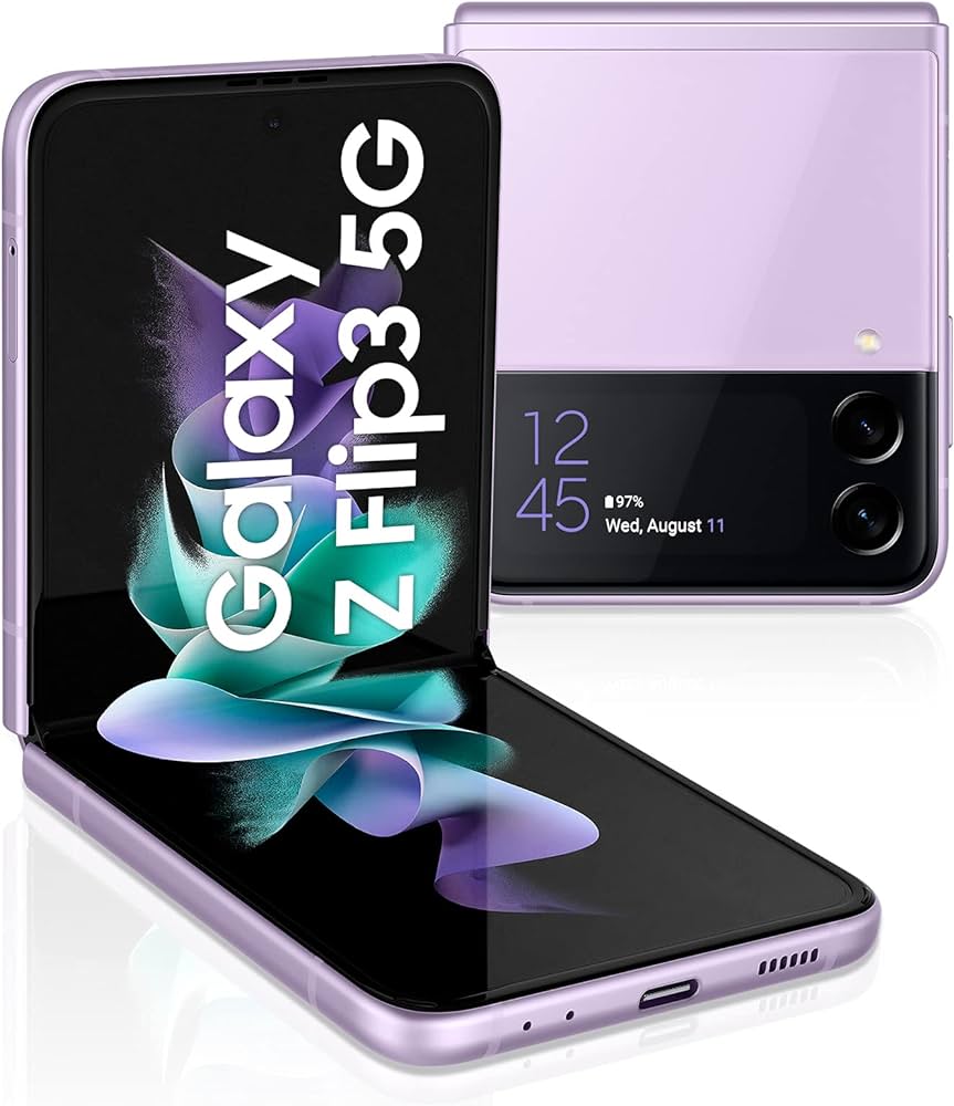 A Saisales Samsung Galaxy Z Flip3 5G 128GB smartphone displayed in lavender color, partially folded and showing its outer and inner screens with the time and a graphic. Powered by the Snapdragon 888 processor, this device boasts an innovative foldable display.