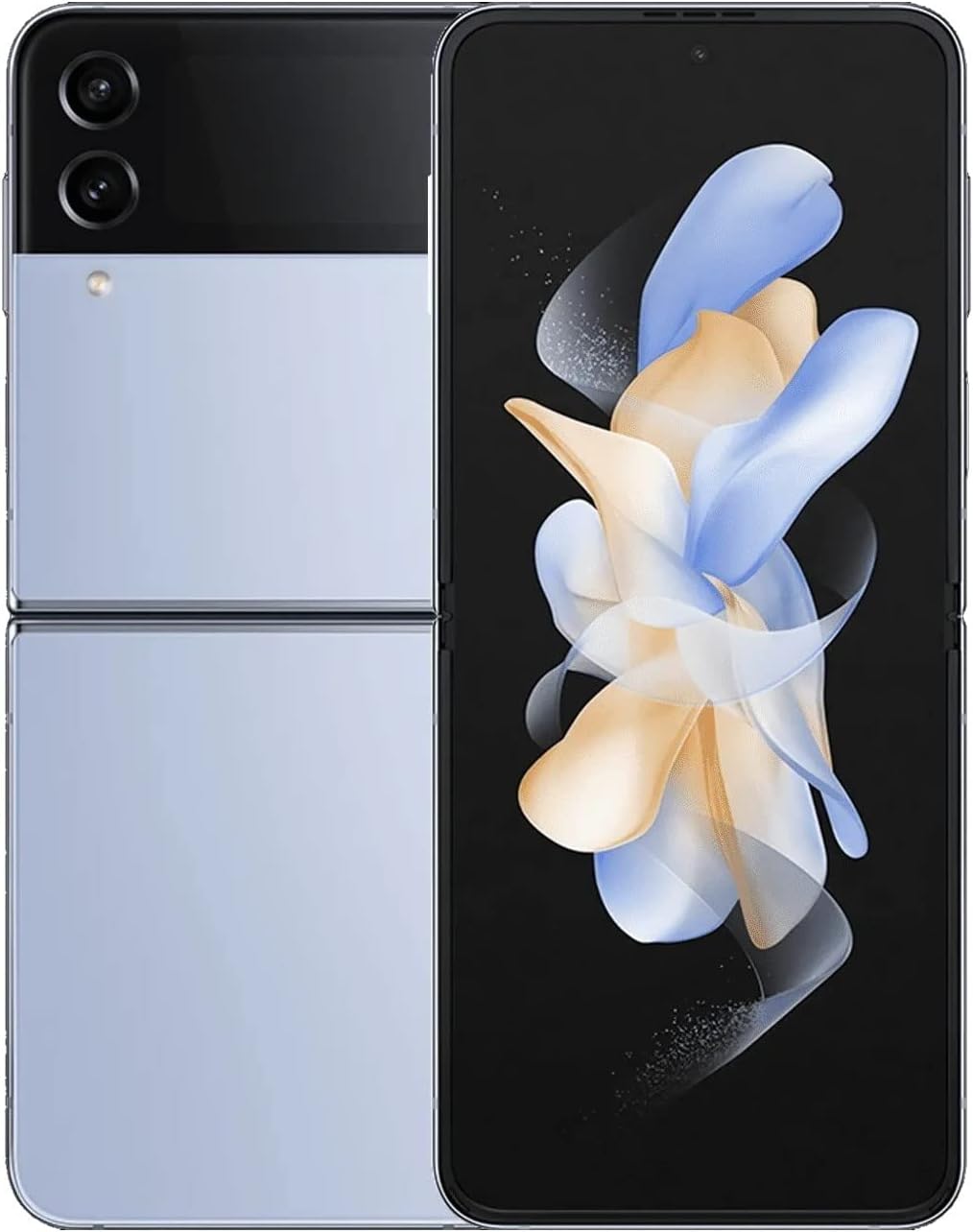 A partially open Samsung Galaxy Z Flip4 5G 256GB Unlocked (Single SIM) by Saisales reveals its vibrant abstract design on the Foldable Infinity Flex Display, complemented by dual rear cameras powered by the Snapdragon 8+ Gen 1 Processor.