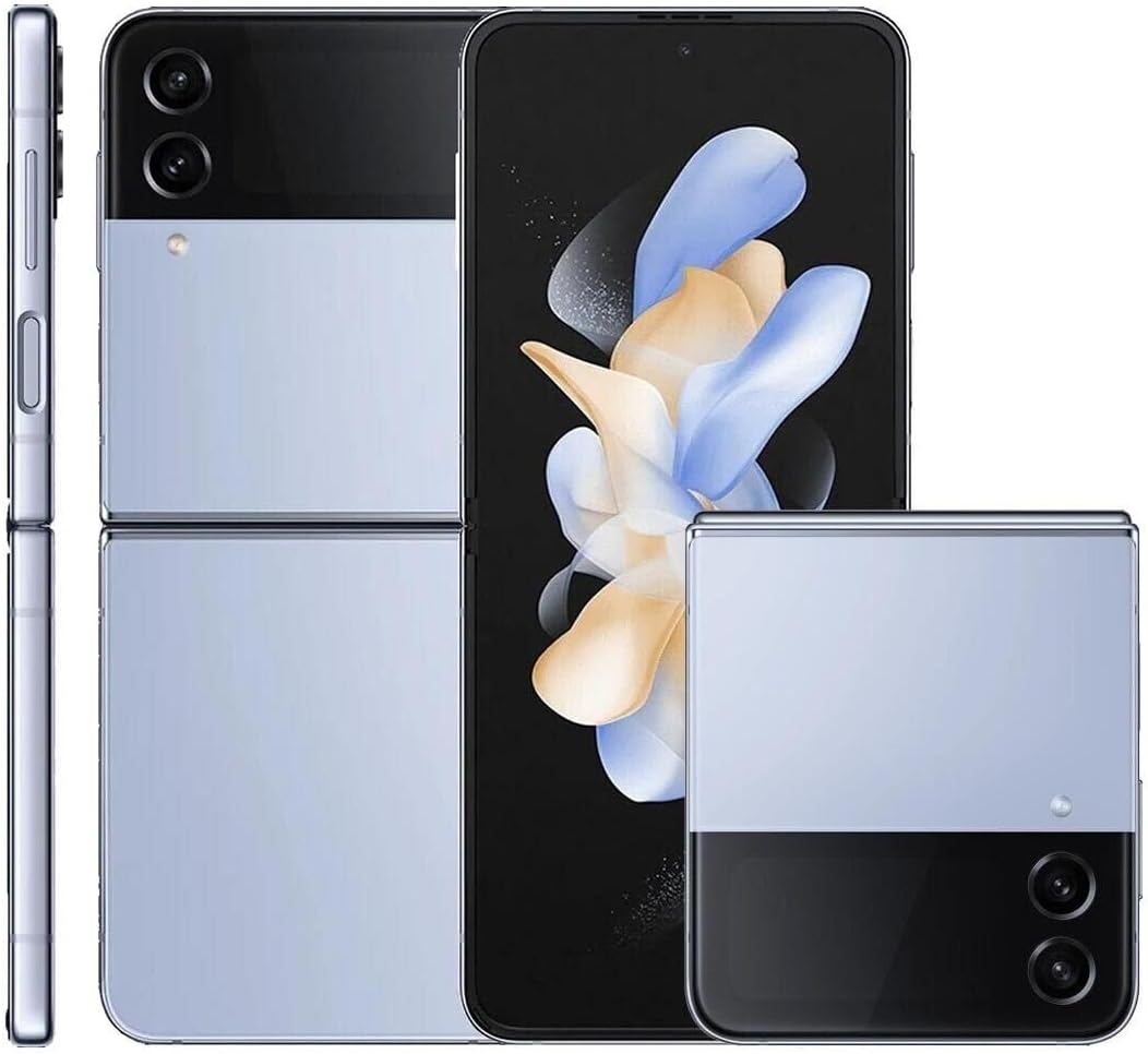 The Saisales Samsung Galaxy Z Flip4 5G 256GB Unlocked (Single SIM) is featured from multiple perspectives, emphasizing its dual-camera configuration and large Foldable Infinity Flex Display, all driven by the efficient Snapdragon 8+ Gen 1 Processor.