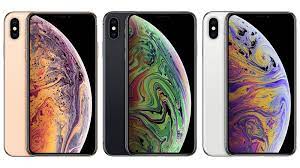 Three smartphones, including the Apple's iPhone XS Max 64GB, are shown in gold, black, and silver colors, each displaying vibrant multi-colored screens with a stunning Super Retina HD Display.