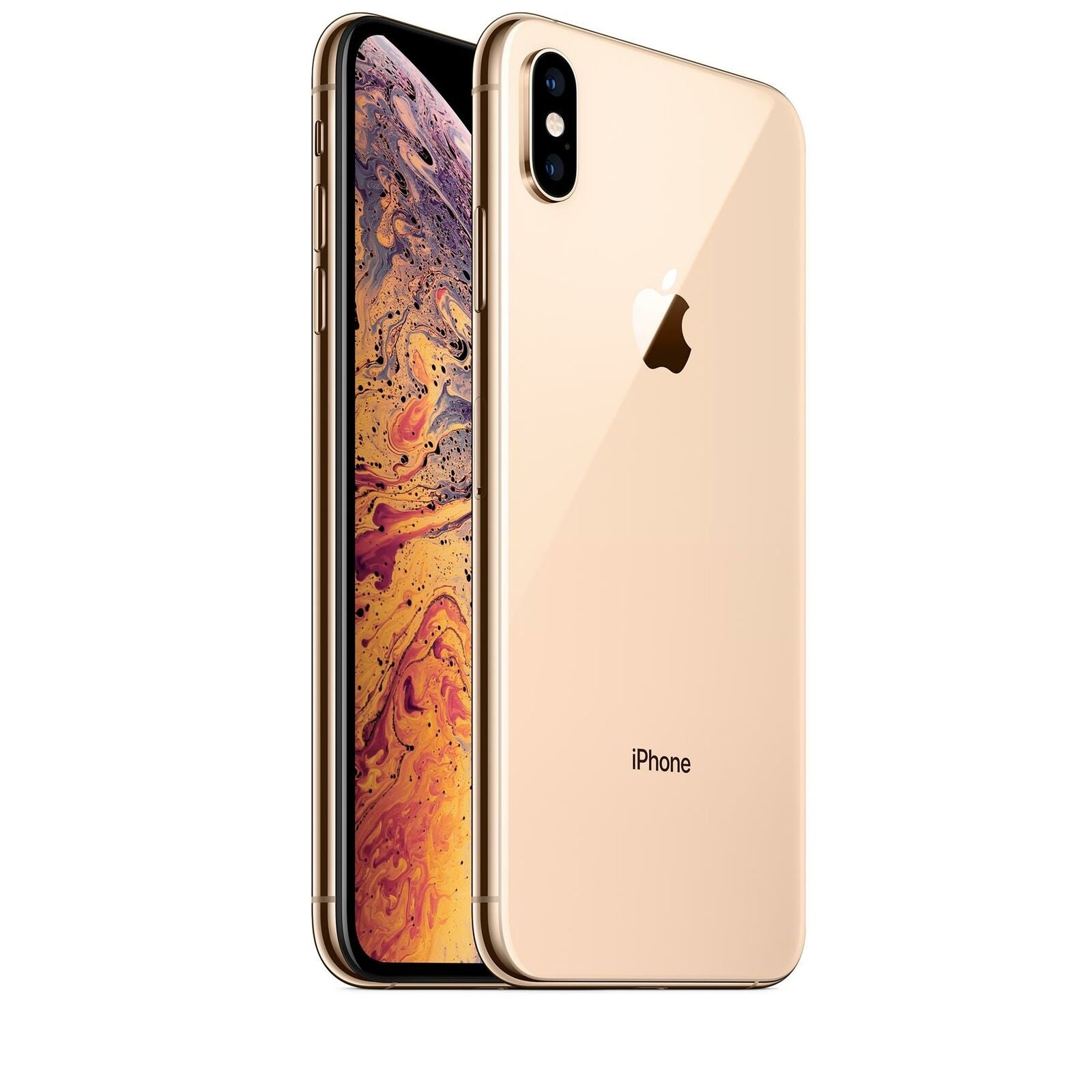 A gold Apple iPhone XS Max 256GB displaying its front and back. The front screen showcases a colorful abstract wallpaper, while the back features the Apple logo and dual cameras. With 256GB of storage, it's available now on Saisales.co.uk.