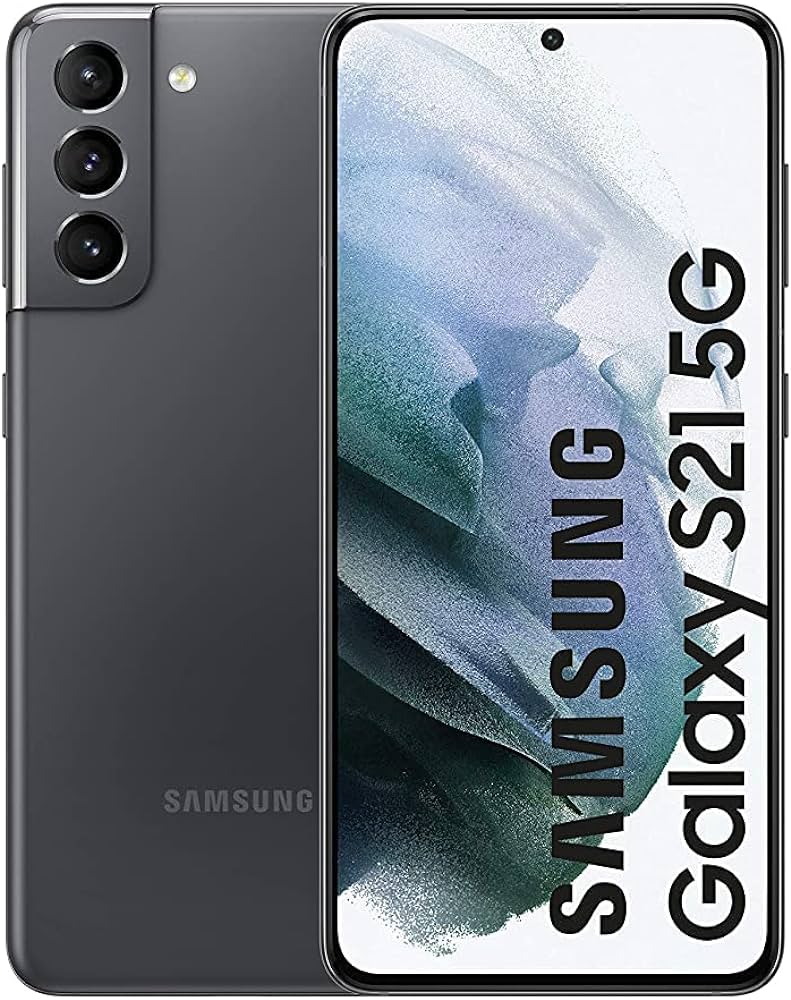 Front and back view of a Saisales Samsung Galaxy S21 5G 128GB smartphone, showcasing its Dynamic AMOLED 2X Display and the sleek "Samsung Galaxy S21 5G" text on the screen.