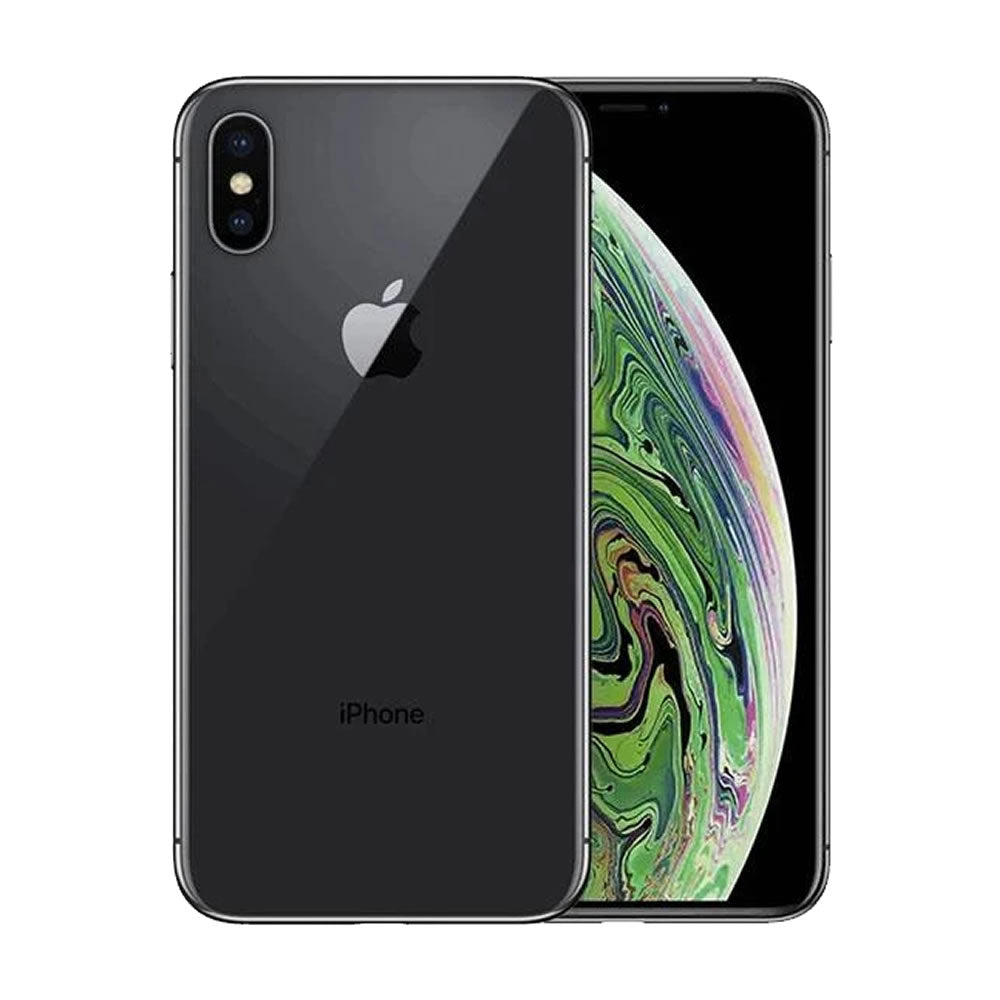 A black Saisales Apple iPhone XS Max 64GB with a reflective back displaying an apple logo and dual 12MP cameras; the front features a vibrant, colorful Super Retina HD Display with a swirling pattern.
