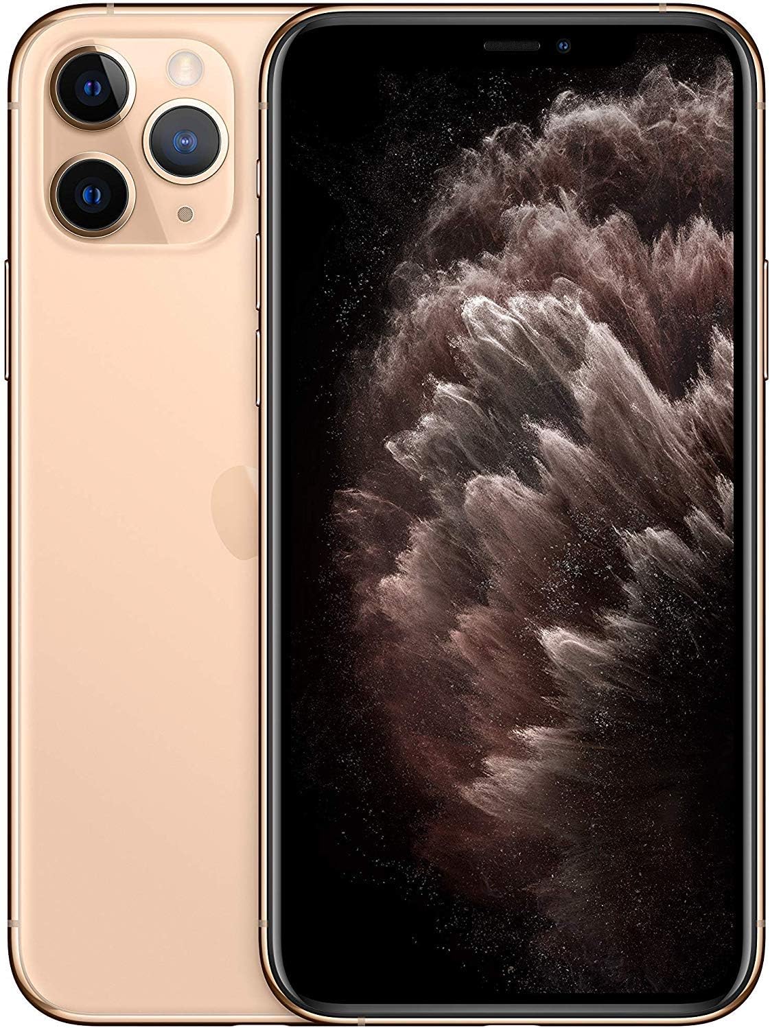 A gold-colored Apple iPhone 11 Pro 64GB - Unlocked from Saisales.co.uk boasts a triple-camera system on the back and features a dark, abstract wallpaper on its Super Retina XDR Display.