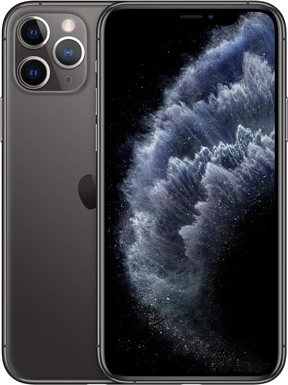 Black Apple iPhone 11 Pro 64GB - Unlocked by Saisales.co.uk, featuring a Super Retina XDR Display with a starry black screen design and a sleek triple-camera system, depicted from the back and front angles.