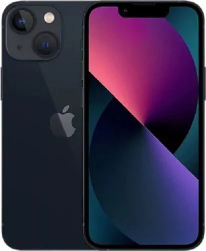 Dark-colored Saisales Apple iPhone 13 Mini 128GB with dual rear cameras and a Super Retina XDR Display showing a colorful abstract design. The Apple logo is visible on the back, powered by the A15 Bionic Chip.