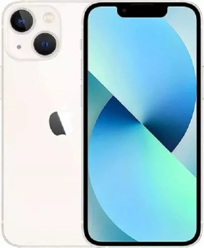 An image of a Saisales Apple iPhone 13 Mini 128GB with a white finish, featuring a dual-camera system on the back and a stunning blue and green gradient wallpaper on its Super Retina XDR Display.