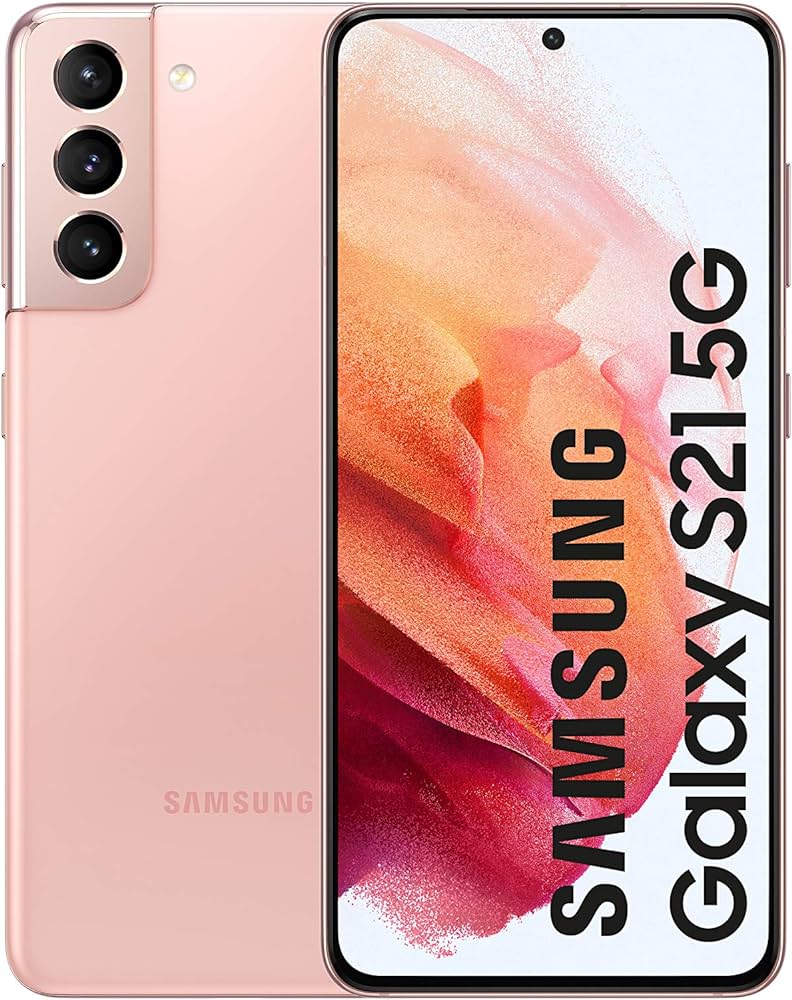 Image of a pink Saisales Samsung Galaxy S21 5G 128GB smartphone with its sleek Triple-Camera System, next to its front view displaying the screen and the text "Samsung Galaxy S21 5G" on a colorful background.