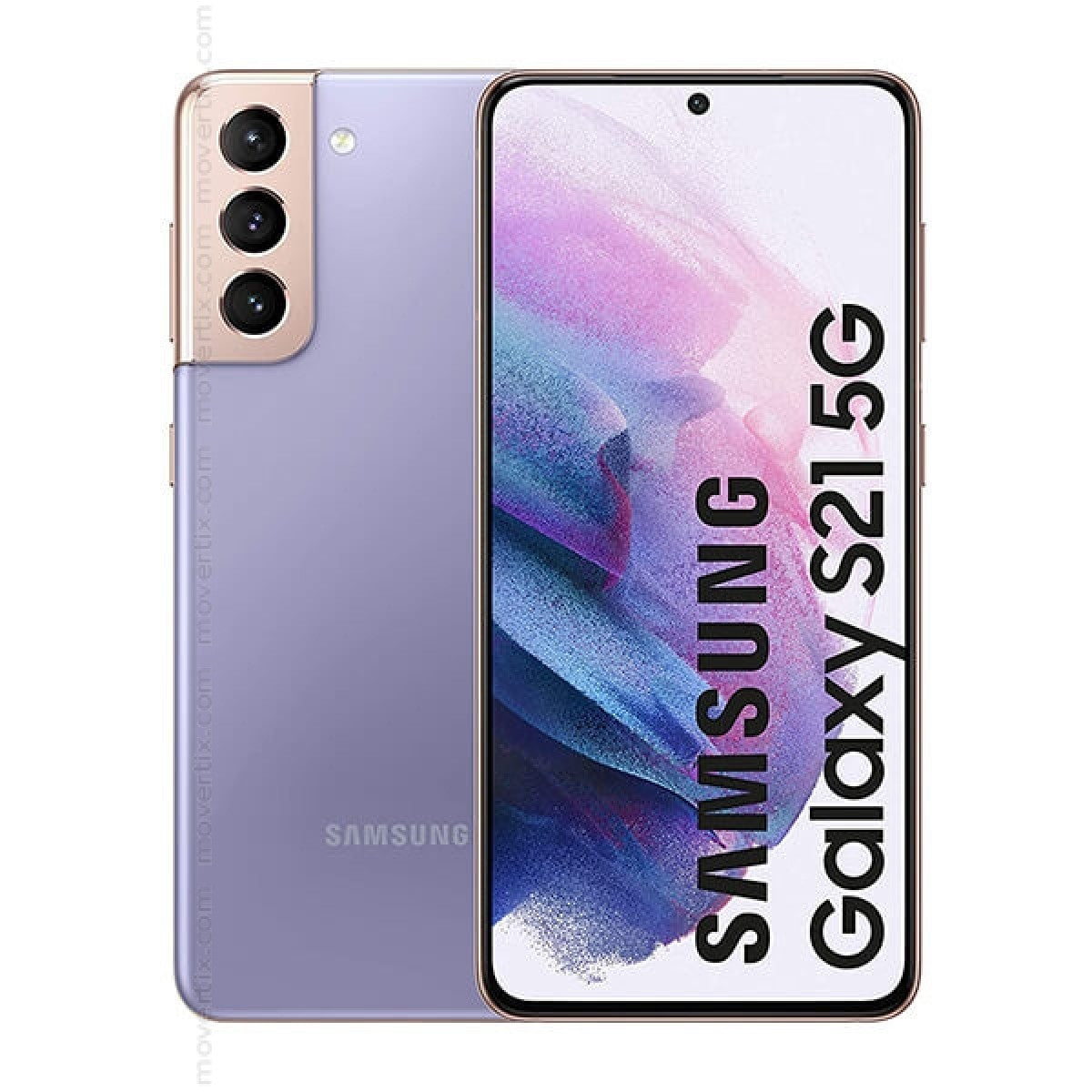 A Saisales Samsung Galaxy S21 5G 128GB smartphone with a purple back and a Dynamic AMOLED 2X Display showcasing the Samsung Galaxy S21 5G branding. The back features a triple-camera system arranged vertically.