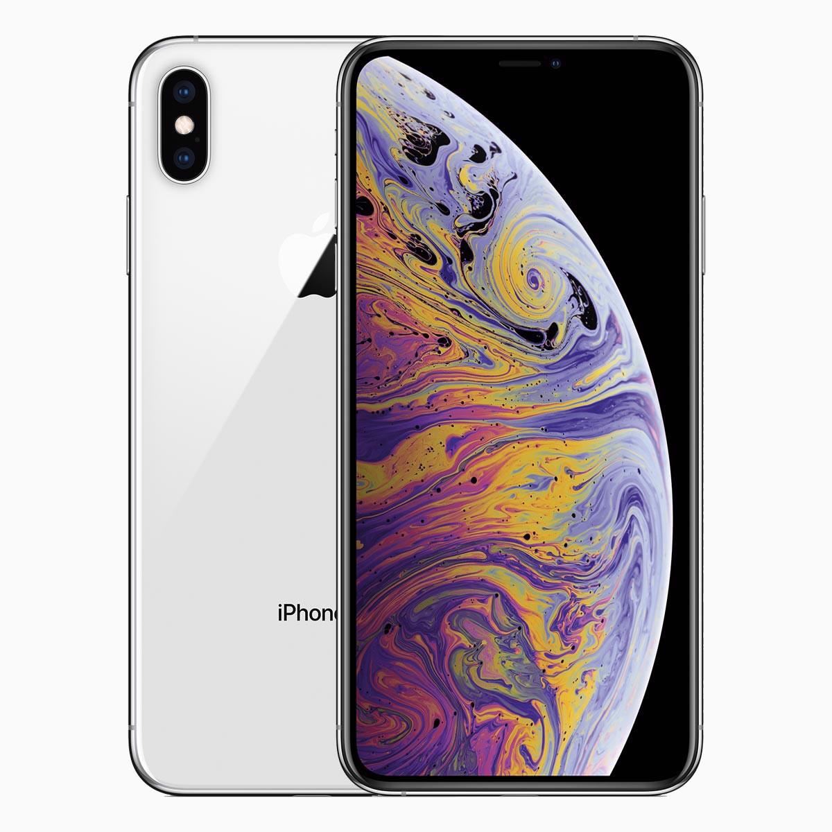 Front and back view of a white Apple iPhone XS Max 256GB. The front display shows a colorful, swirling pattern, while the back features a dual-camera setup and an Apple logo. Available with 256GB storage on Saisales.
