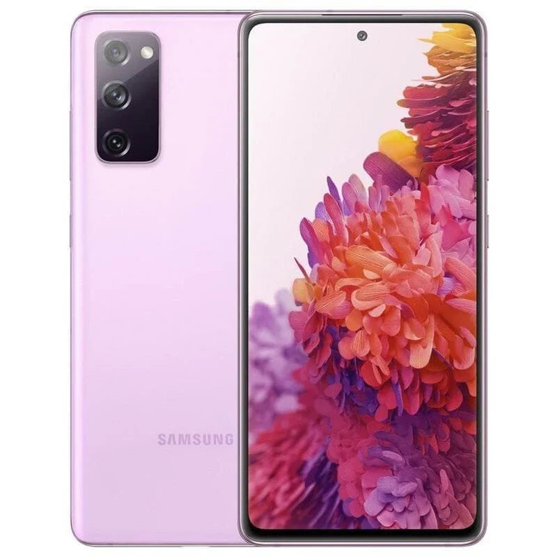 A Saisales Samsung Galaxy S20 FE 5G 128GB - Dual SIM - Unlocked smartphone in lavender color, showcasing its sleek design with a triple-camera system on the back and a vibrant 6.5-inch Infinity-O Display on the front, featuring colorful floral wallpaper.