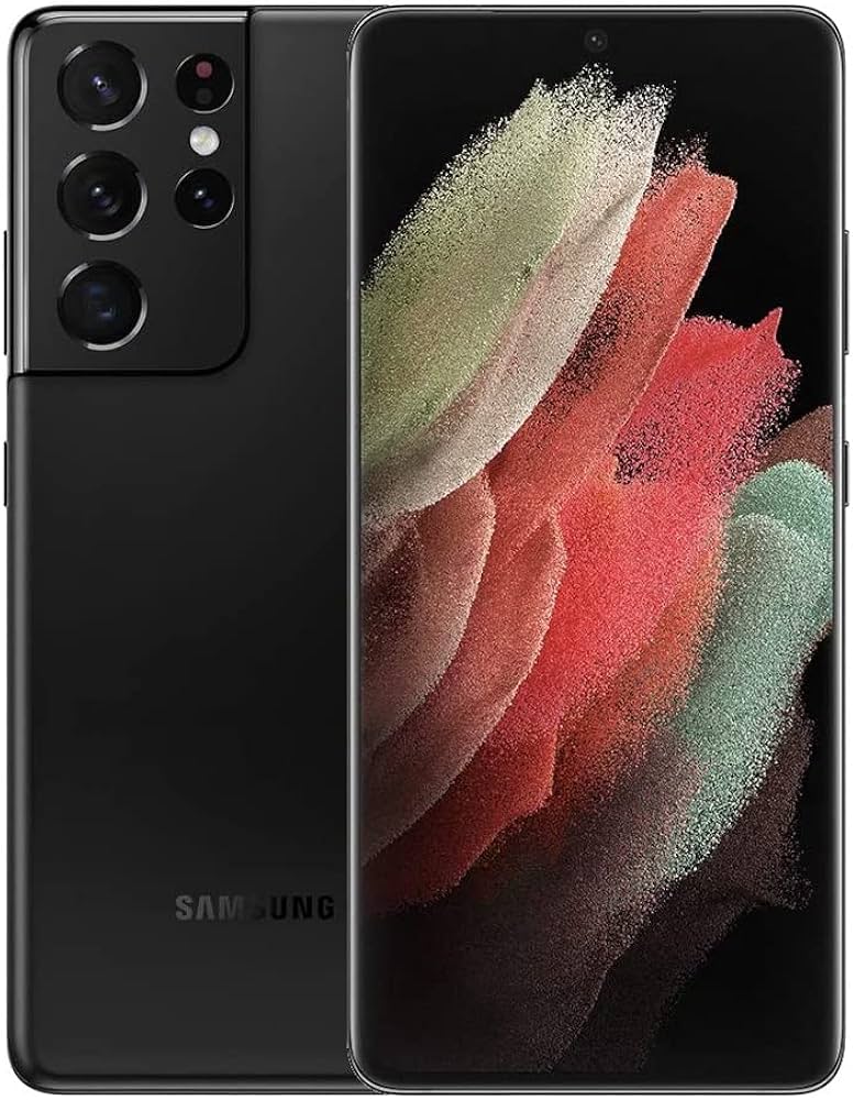 A black Saisales Samsung Galaxy S21 Ultra 5G 128GB smartphone with a quad-camera system is showcased against a white background, featuring an abstract, colorful wallpaper on its Dynamic AMOLED 2X Display.