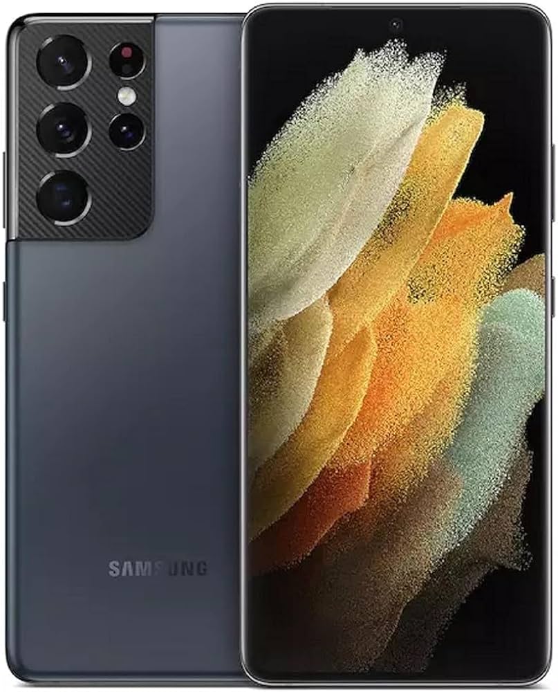 A black Samsung Galaxy S21 Ultra 5G 128GB smartphone by Saisales, featuring a large Dynamic AMOLED 2X Display showcasing abstract artwork, and a rear Quad-Camera System with a flash.