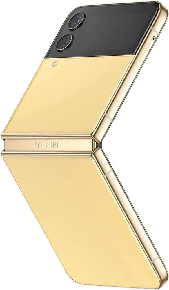 A gold Samsung Galaxy Z Flip4 5G 256GB, partially open, highlights its Foldable Infinity Flex Display and dual cameras on the upper section, available under the brand Saisales.