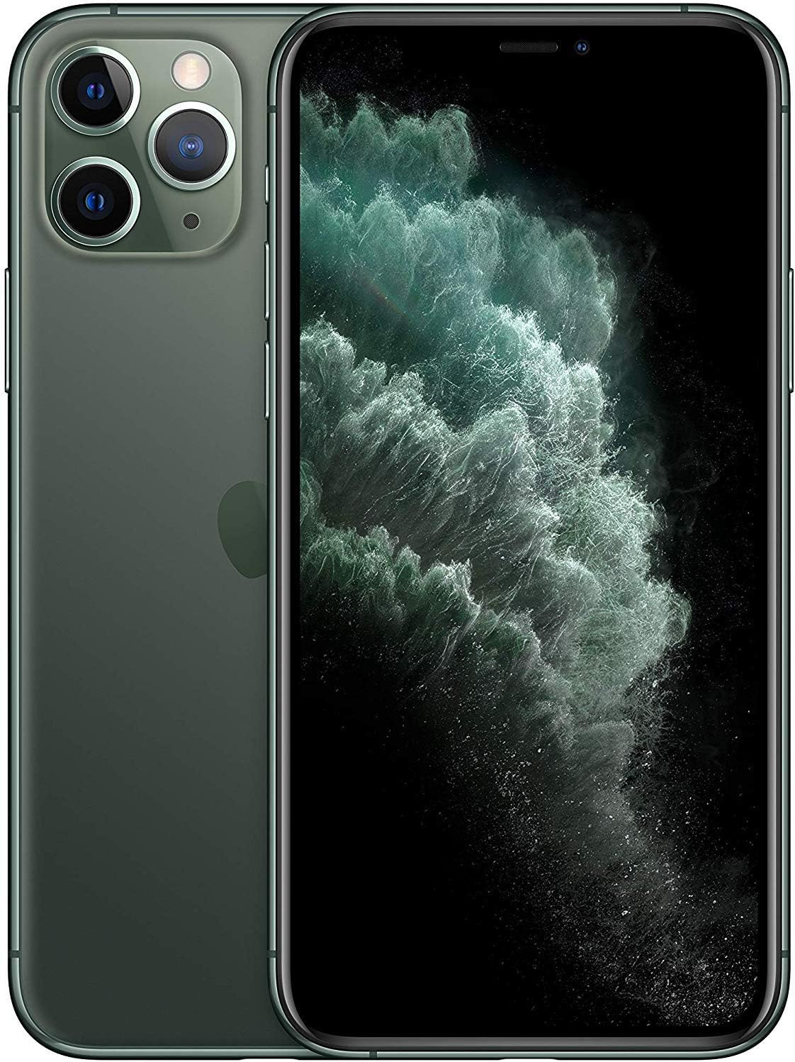 Front and back view of the Saisales.co.uk Apple iPhone 11 Pro 64GB - Unlocked in dark green with a black screen, featuring an advanced triple-camera system and a Super Retina XDR Display.