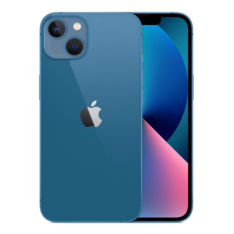 The Saisales Apple iPhone 13 128GB Unlocked in blue is shown from the front and back, highlighting dual rear cameras, the Apple logo, and a vivid Super Retina XDR Display.