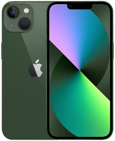The Saisales Apple iPhone 13 128GB Unlocked is shown in green with dual rear cameras and a Super Retina XDR Display featuring a colorful abstract pattern.