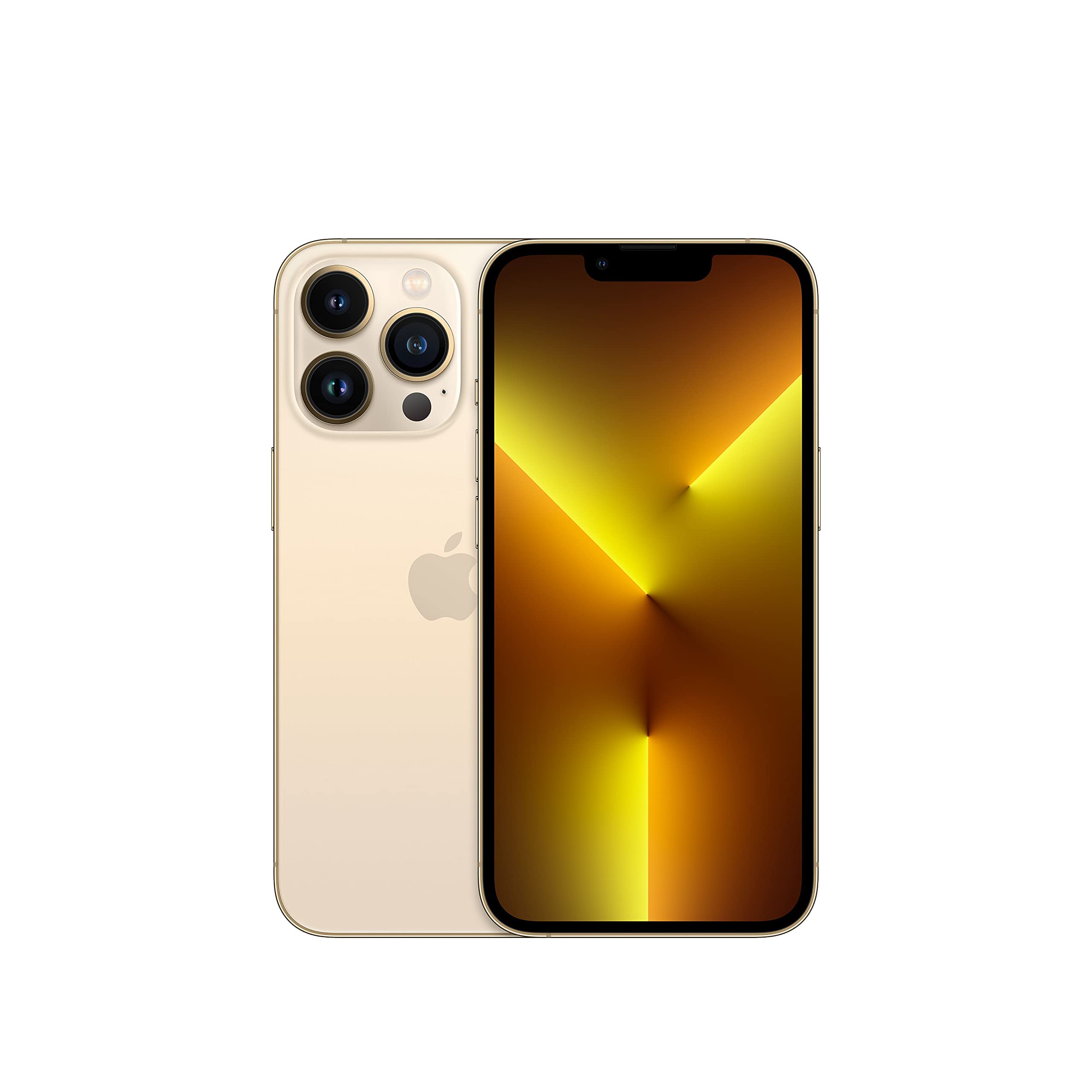 The Saisales Apple iPhone 13 Pro 128GB Unlocked in gold is shown front and back, featuring triple rear cameras and a screen with a yellow-orange abstract wallpaper.
