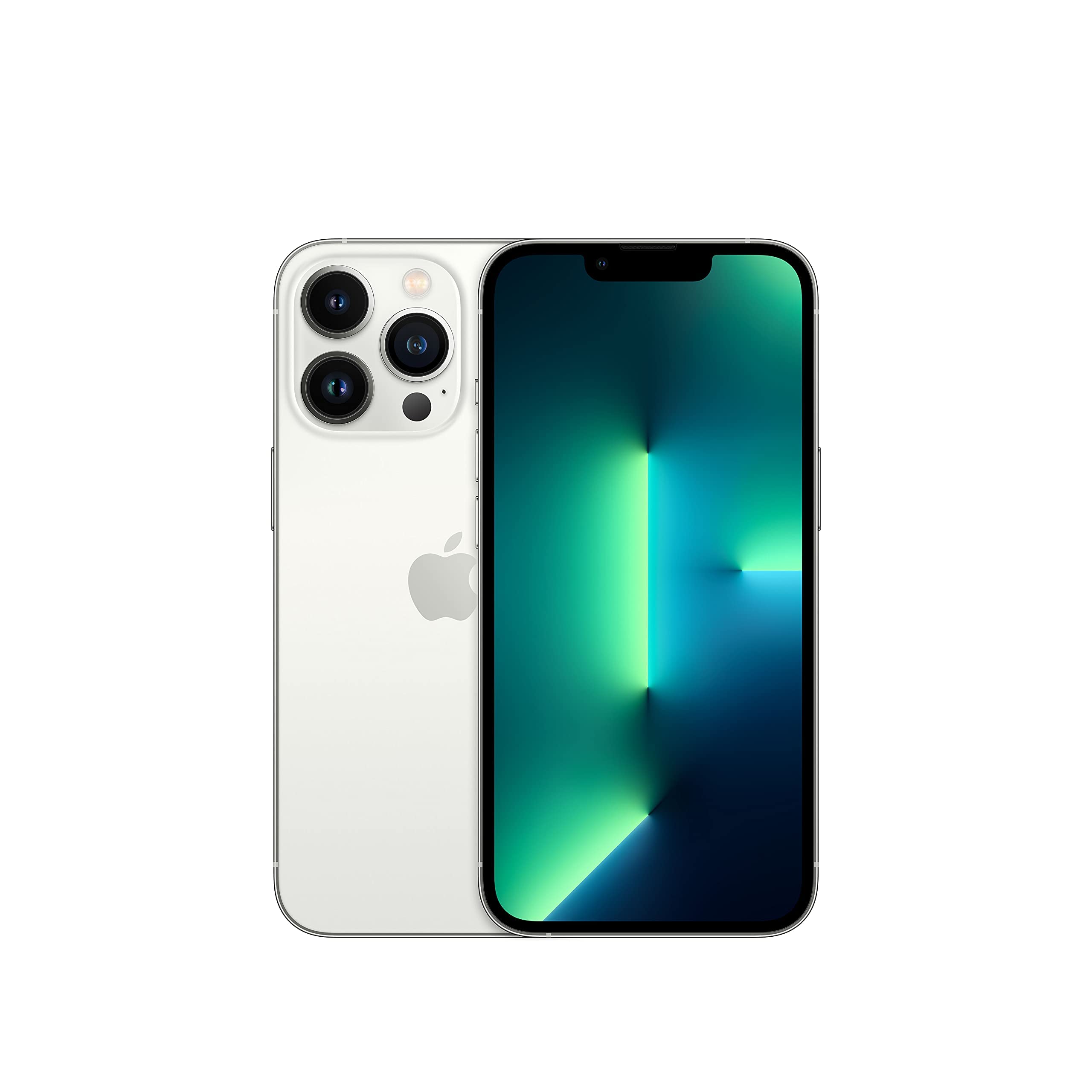 Front and back view of the Saisales Apple iPhone 13 Pro 128GB Unlocked in silver, showcasing a triple camera setup and glowing abstract wallpaper.