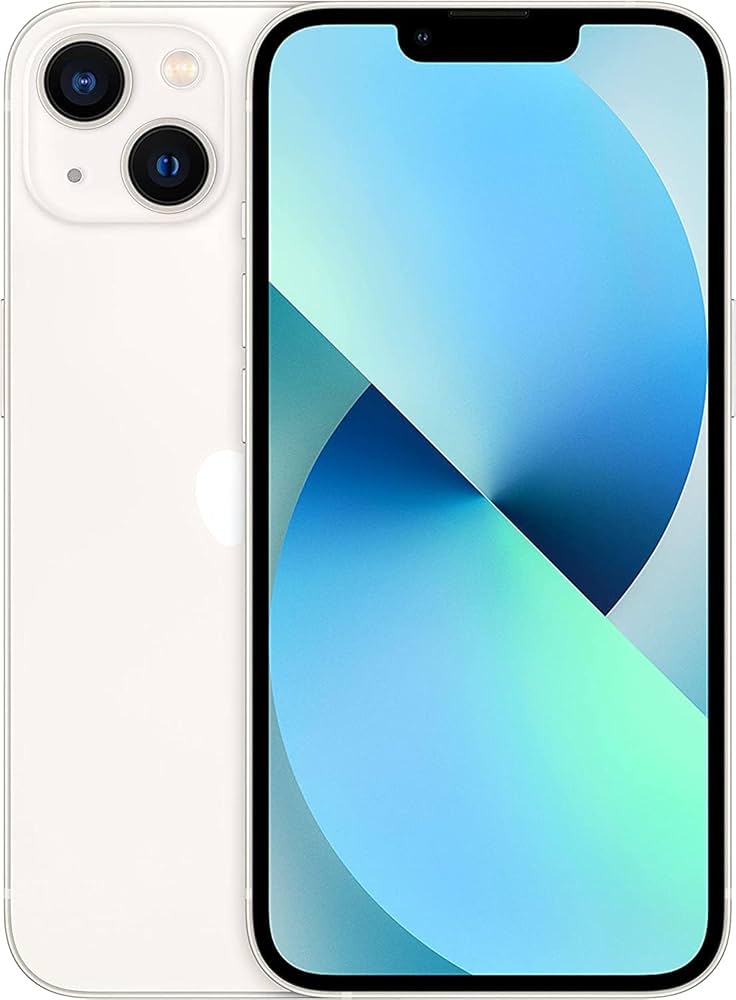 The Saisales Apple iPhone 13 128GB Unlocked features dual rear cameras, a Super Retina XDR Display with a blue abstract wallpaper, and offers plenty of storage for your photos, apps, and more.