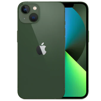 A green Apple iPhone 13 Mini 128GB by Saisales showing front and back views, featuring a Super Retina XDR Display with a gradient background and dual rear cameras.