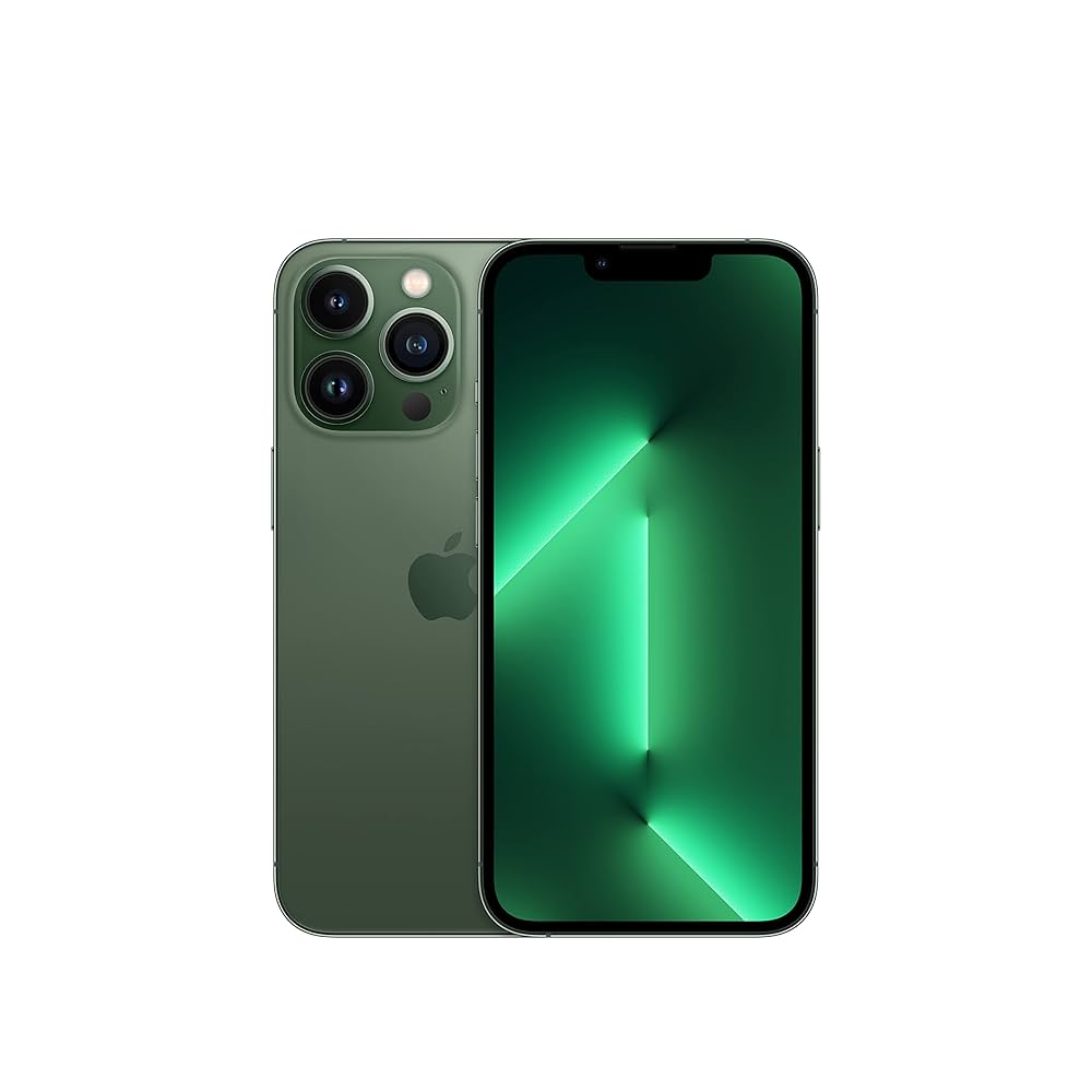 The Saisales Apple iPhone 13 Pro 128GB Unlocked in green is displayed from the front and back, showcasing its triple-camera system and illuminated screen.
