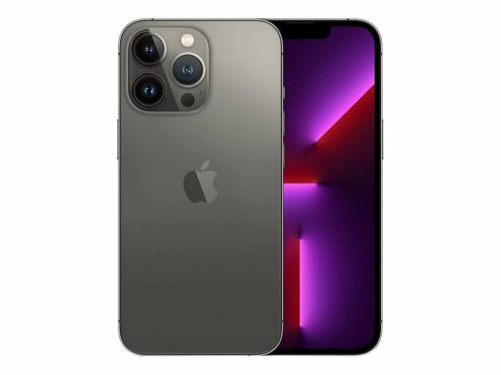 The Saisales Apple iPhone 13 Pro 128GB Unlocked is shown in graphite with three rear cameras, an Apple logo, and a vibrant pink-purple wallpaper on the screen.