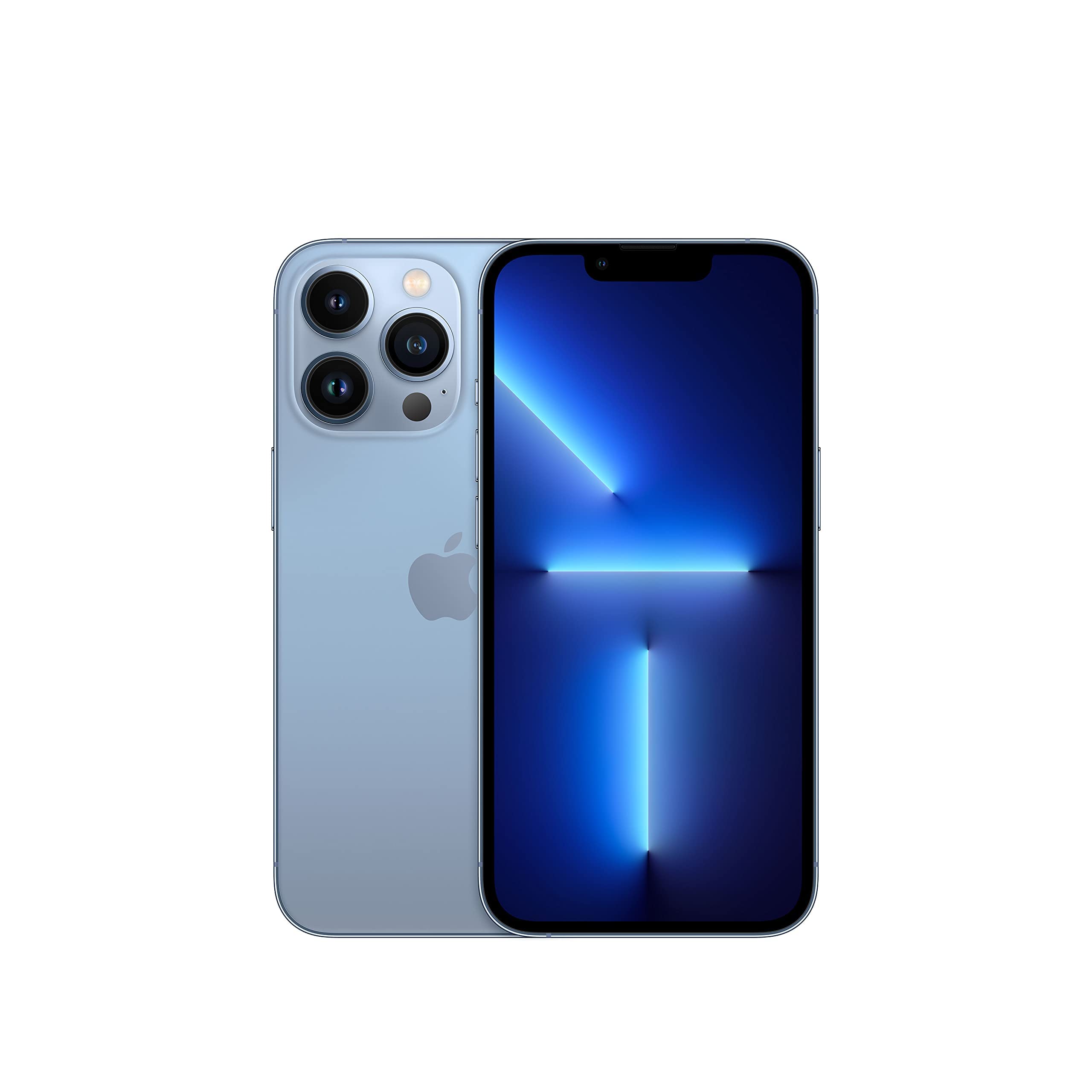 A Saisales Apple iPhone 13 Pro 128GB Unlocked in light blue is shown with front and back views, featuring three rear cameras and a glowing blue geometric wallpaper on the display.