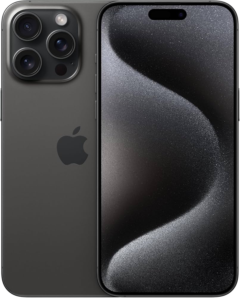 The Saisales Apple iPhone 15 Pro Max 256GB Unlocked features three rear cameras, a black finish, and a display with a wavy black and silver abstract pattern.