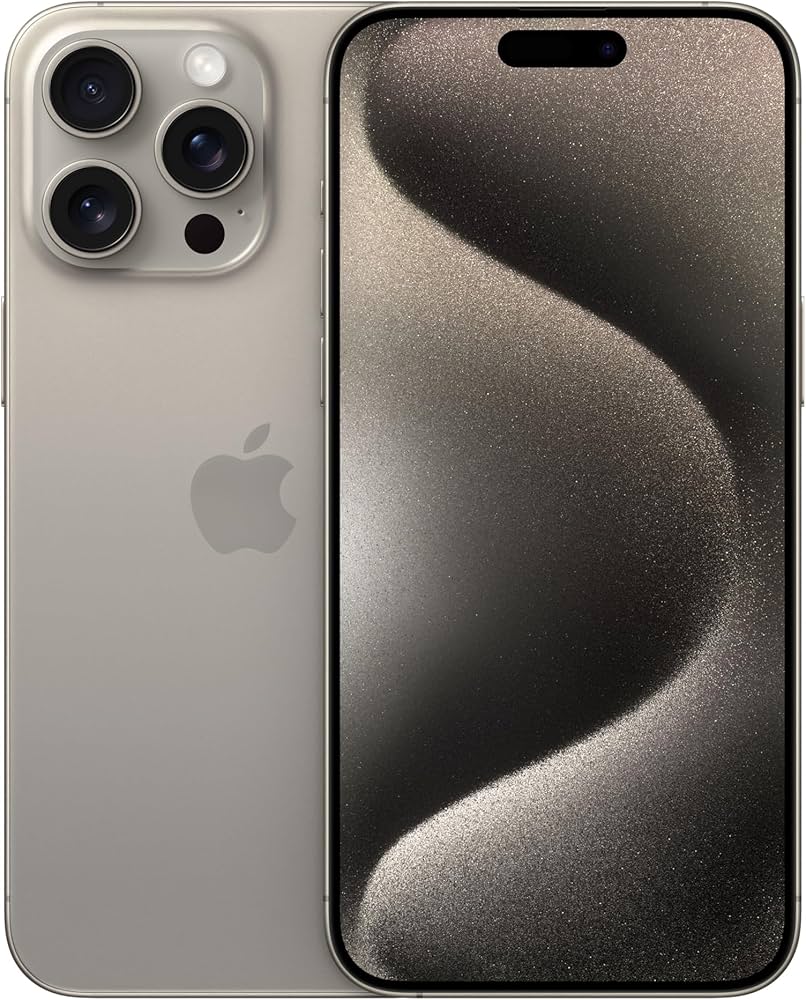 Front and back view of the Saisales Apple iPhone 15 Pro Max 256GB Unlocked in silver, featuring three rear cameras and a display with a wavy abstract pattern.