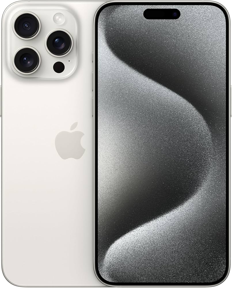The Saisales Apple iPhone 15 Pro Max 256GB Unlocked features triple rear cameras, a white finish, and displays a bold black and silver wavy abstract wallpaper on its screen.