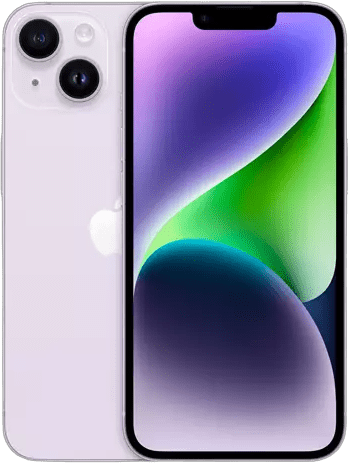 Front and back view of the Saisales Apple iPhone 14 128GB Unlocked, a certified refurbished phone with dual rear cameras and a vibrant display.