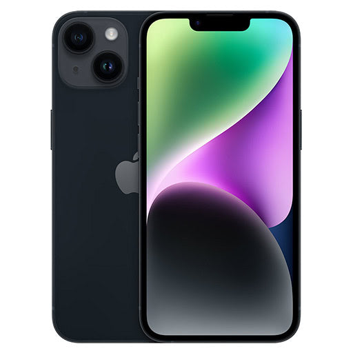 The Saisales Apple iPhone 14 128GB Unlocked is shown in black, featuring dual rear cameras. The front view displays a vibrant screen with a colorful abstract wallpaper.