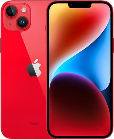 The Saisales Apple iPhone 14 128GB Unlocked in red showcases a vibrant display, while the back includes dual cameras and the signature Apple logo.
