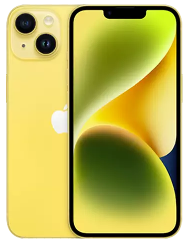 The Saisales Apple iPhone 14 128GB Unlocked, yellow refurbished model, features dual rear cameras, an Apple logo on the back, and a vivid yellow-green abstract wallpaper on its display.